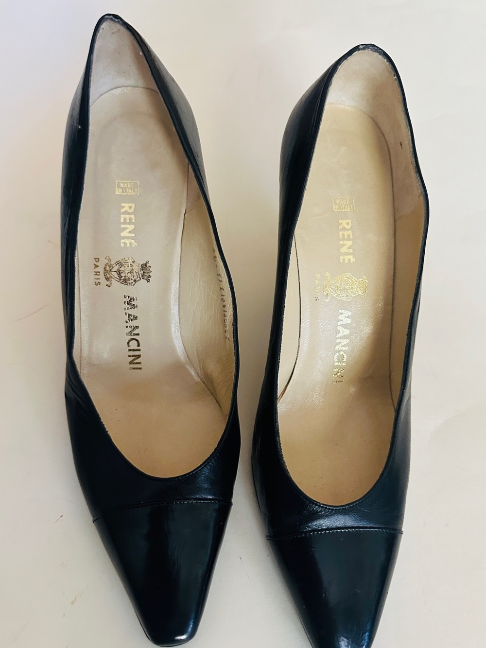 Rene Mancini Paris Black Leather Heels Slip On Pointed Toe Size 37 EU 6.5 US